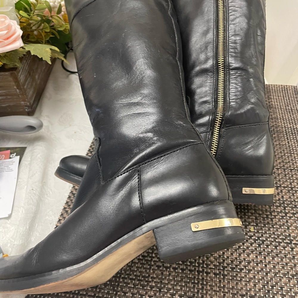 Black Leather Knee-High Women's Boots with Gold Accents